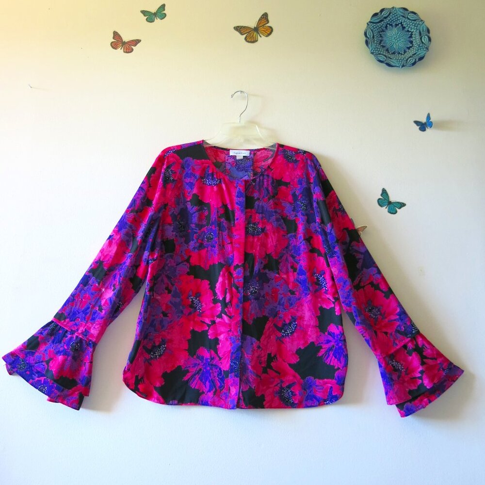 Calvin Klein Floral Pink Purple Bold Poppies Long Bell Sleeves Blouse Size XL